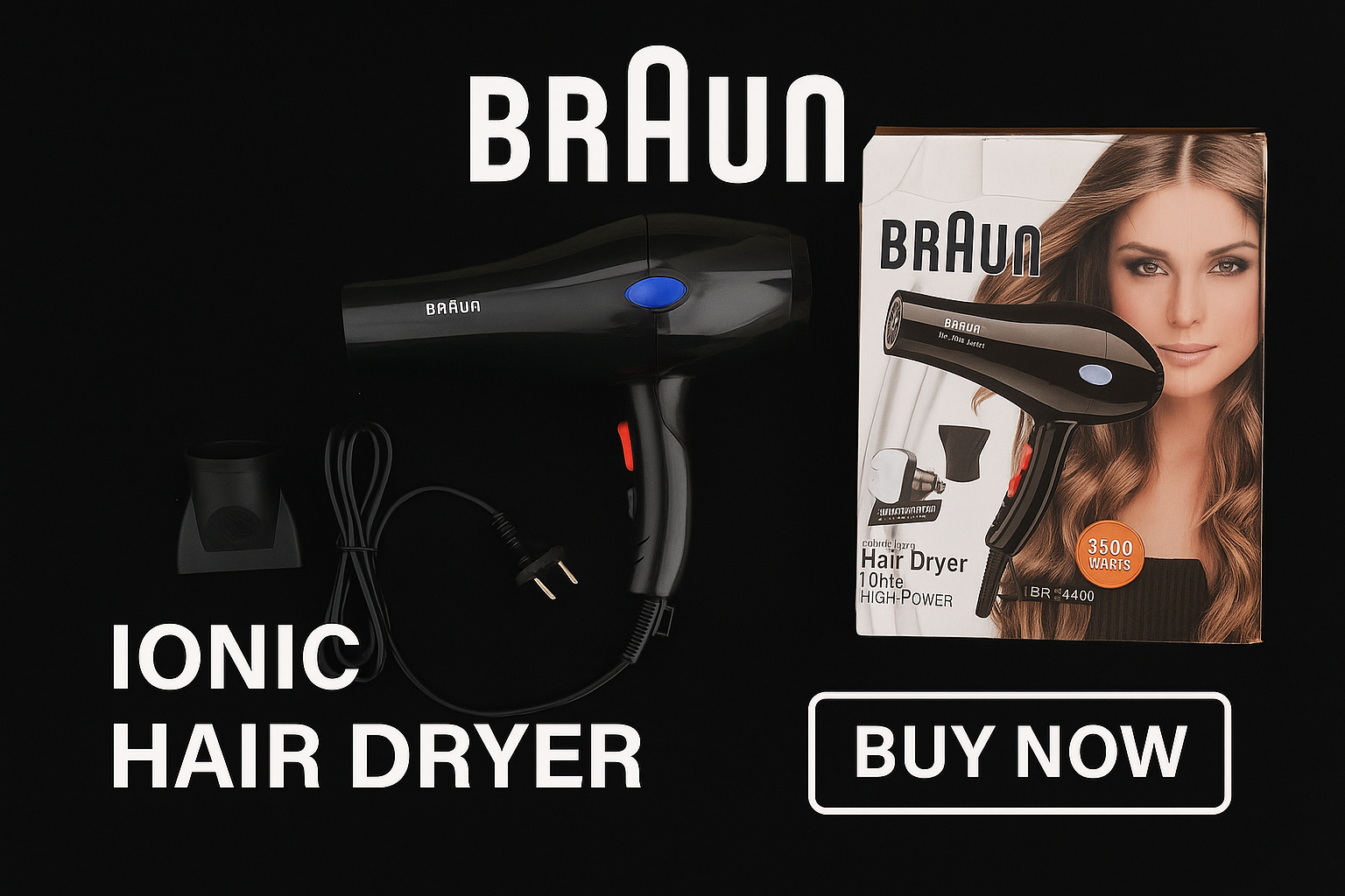 BRAUN BR-4400 Hair Dryer Ionic high power 3500 Watts Super Silent Black turbo fan engine (Pack of 1)